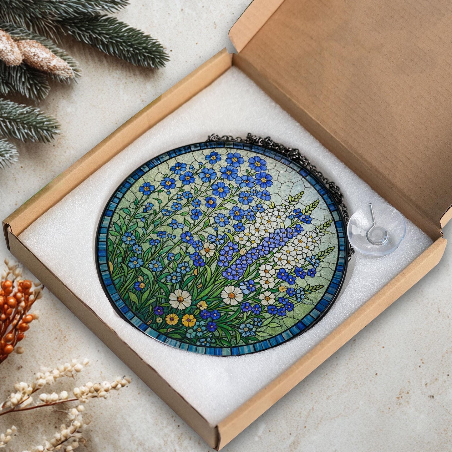Stained Glass Floral Sun Catcher, Blue Wildflower Round Panel Decor