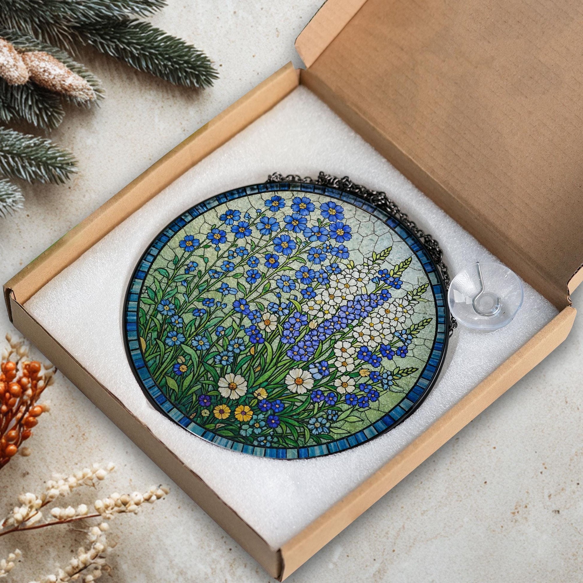 Stained Glass Floral Sun Catcher, Blue Wildflower Round Panel Decor