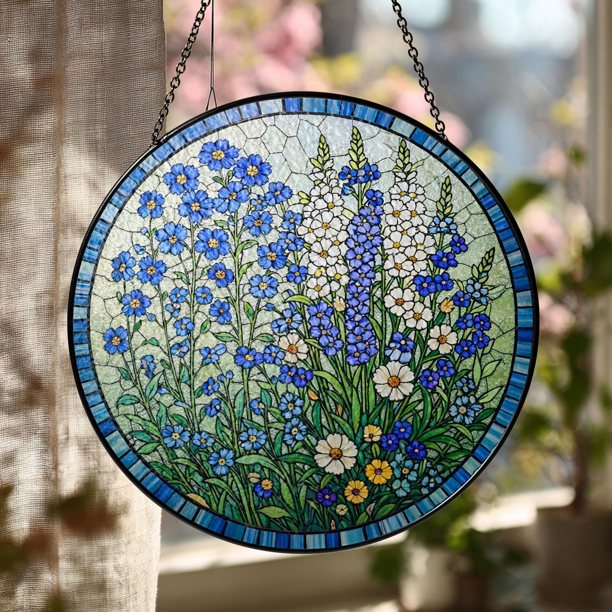 Stained Glass Floral Sun Catcher, Blue Wildflower Round Panel Decor