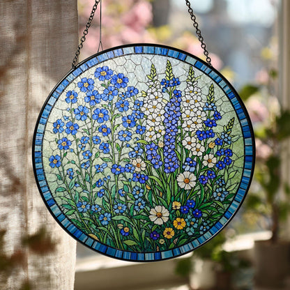 Stained Glass Floral Sun Catcher, Blue Wildflower Round Panel Decor