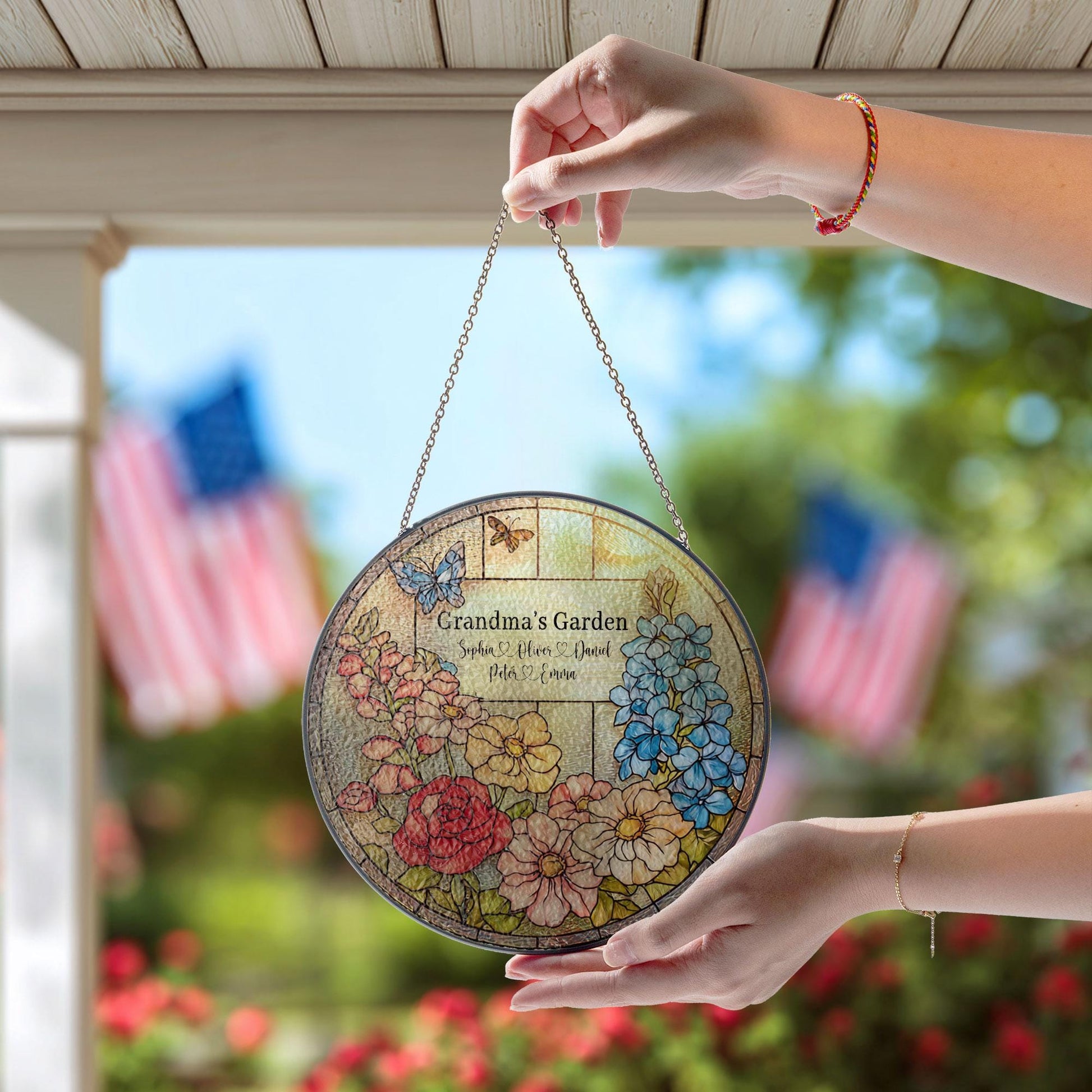 Personalized Stained Glass Suncatcher, Grandma's Garden Floral Window Hanging