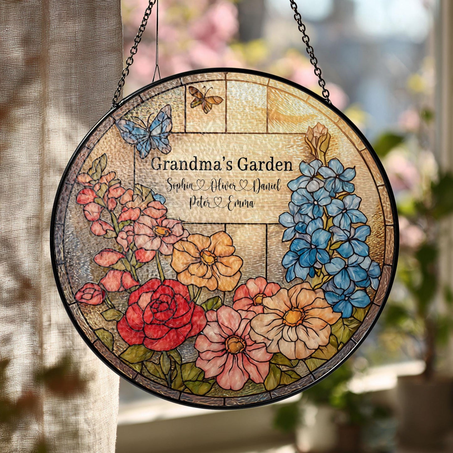 Personalized Stained Glass Suncatcher, Grandma's Garden Floral Window Hanging