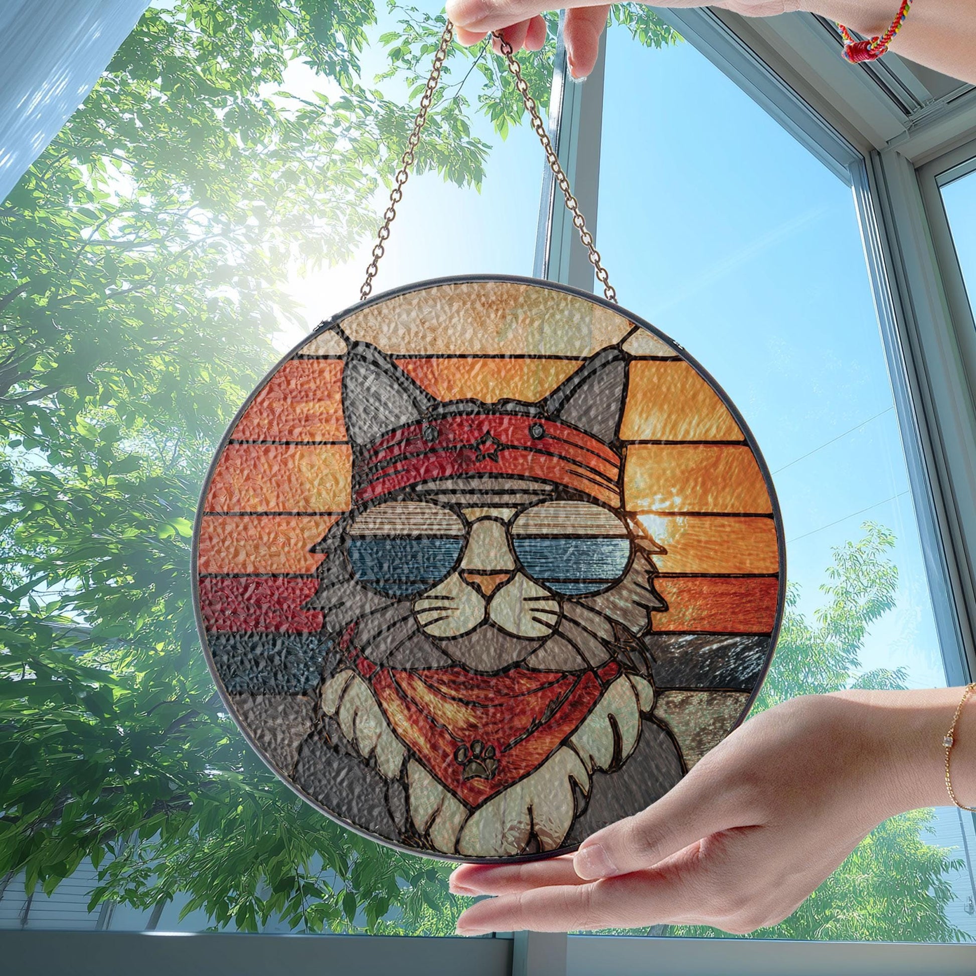Retro Cat Stained Glass Suncatcher, Funny Window Art, Pet Lover Gift