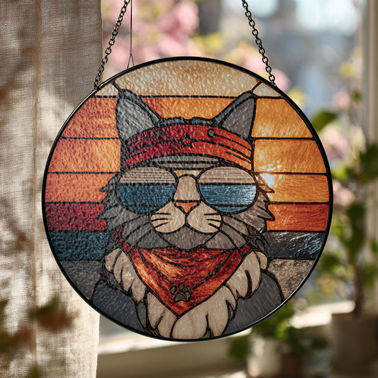 Retro Cat Stained Glass Suncatcher, Funny Window Art, Pet Lover Gift
