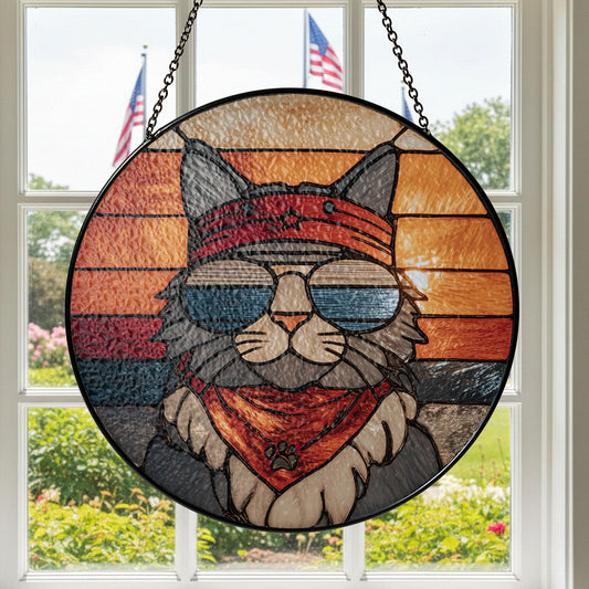 Retro Cat Stained Glass Suncatcher, Funny Window Art, Pet Lover Gift