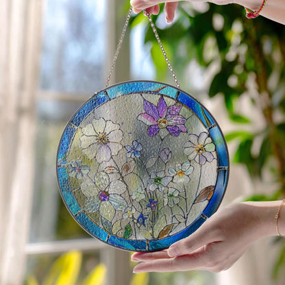 Round Floral Stained Glass Window Hanging Decor – Botanical Art Ornament