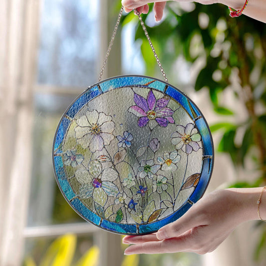 Round Floral Stained Glass Window Hanging Decor – Botanical Art Ornament