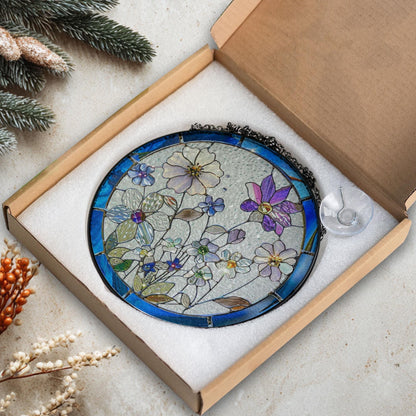 Round Floral Stained Glass Window Hanging Decor – Botanical Art Ornament