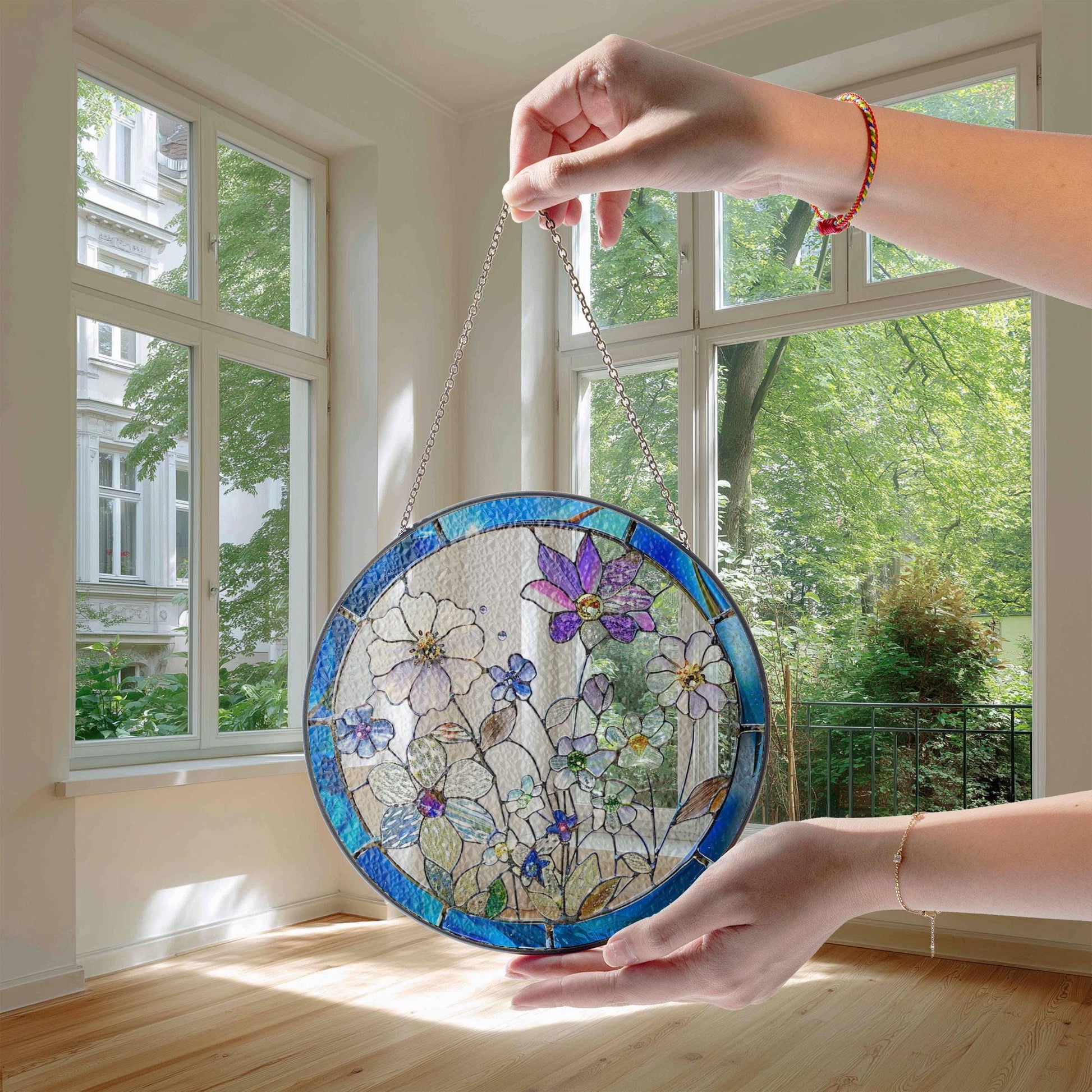 Round Floral Stained Glass Window Hanging Decor – Botanical Art Ornament