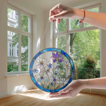 Round Floral Stained Glass Window Hanging Decor – Botanical Art Ornament