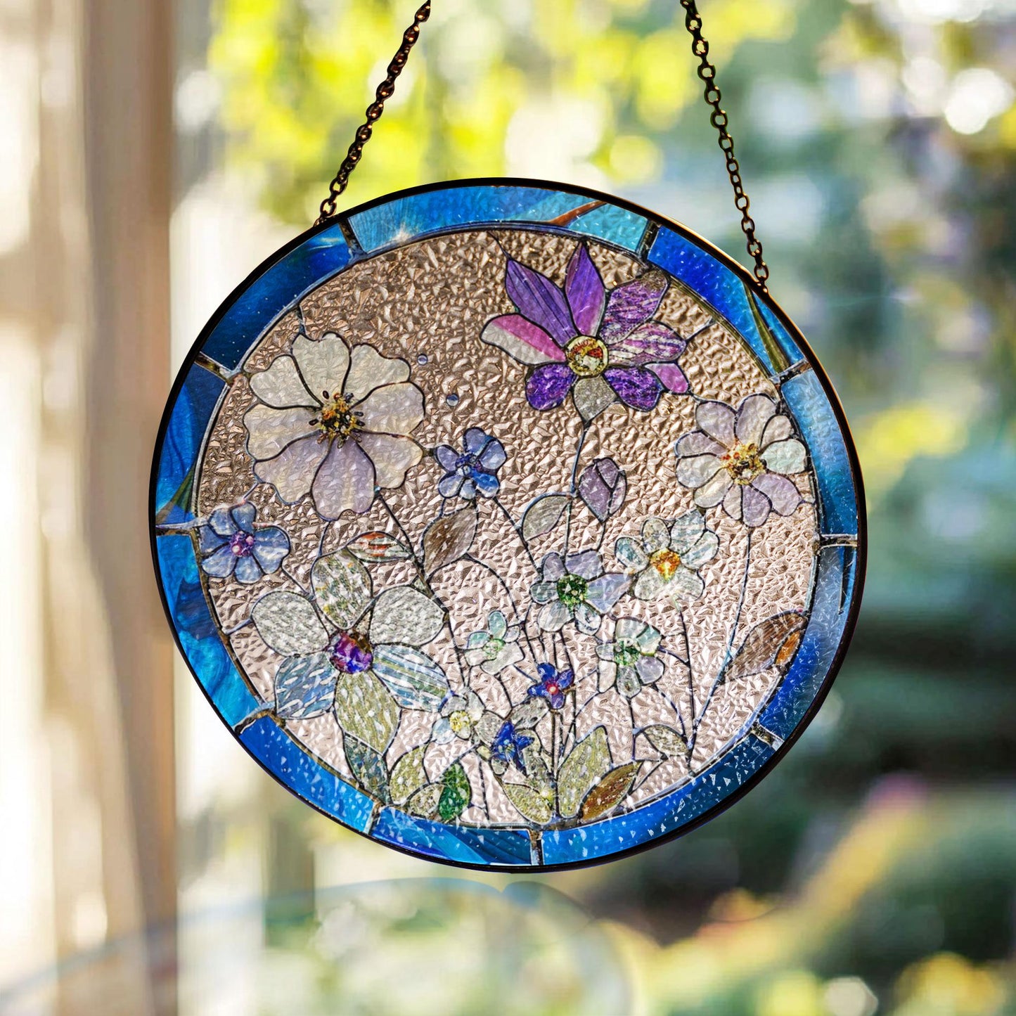 Round Floral Stained Glass Window Hanging Decor – Botanical Art Ornament