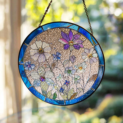 Round Floral Stained Glass Window Hanging Decor – Botanical Art Ornament