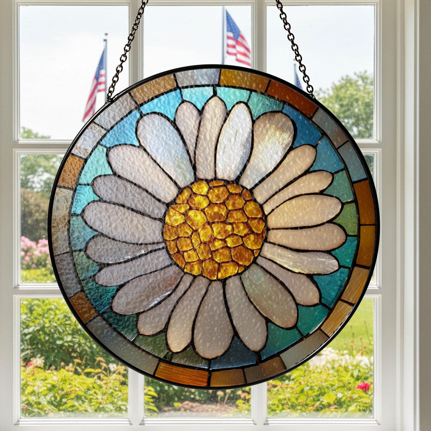 Daisy Stained Glass Window Suncatcher – Floral Round Ornament Botanical Decor