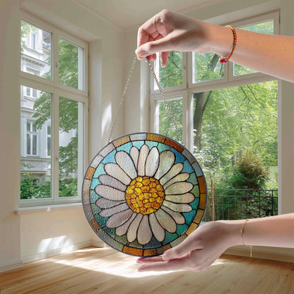 Daisy Stained Glass Window Suncatcher – Floral Round Ornament Botanical Decor