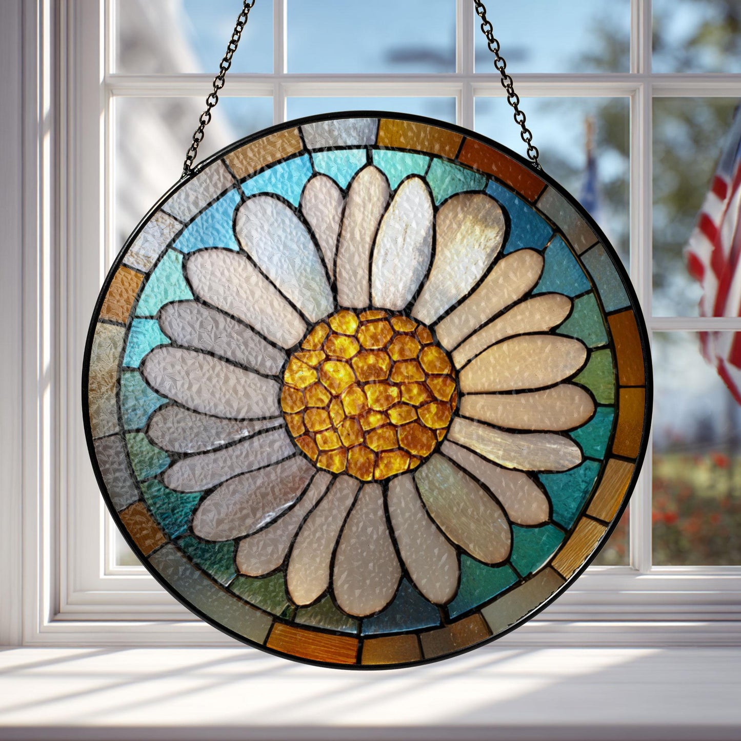 Daisy Stained Glass Window Suncatcher – Floral Round Ornament Botanical Decor