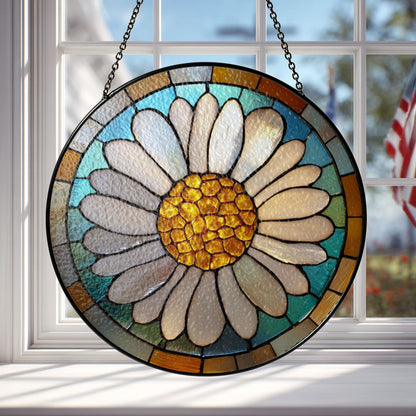 Daisy Stained Glass Window Suncatcher – Floral Round Ornament Botanical Decor