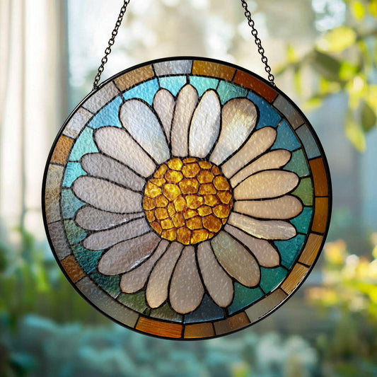 Daisy Stained Glass Window Suncatcher – Floral Round Ornament Botanical Decor