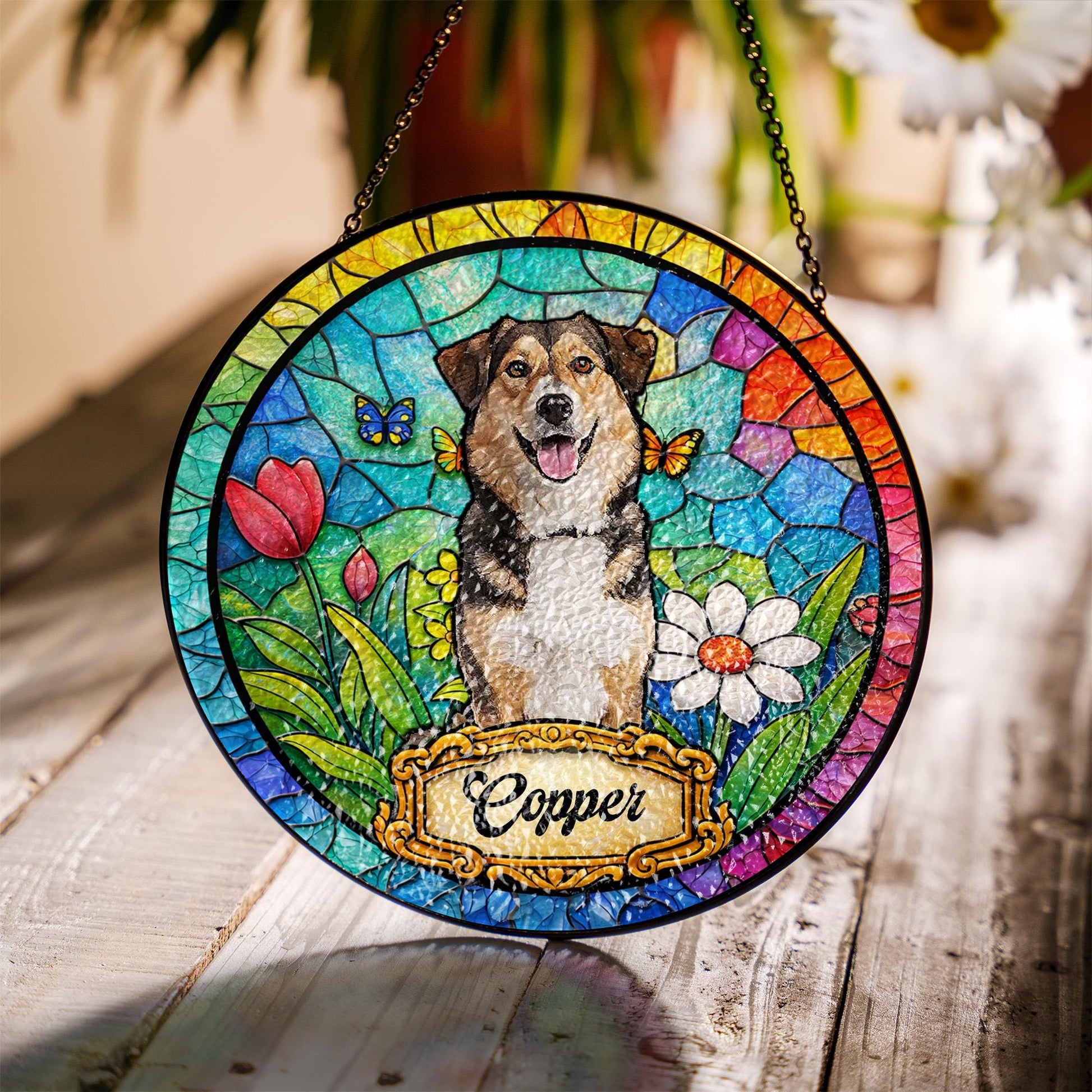 Personalized Dog Portrait Stained Glass Suncatcher, Custom Pet Memorial Stained Glass Photo Suncatcher, Dog Loss Keepsake, Pet Loss Gift