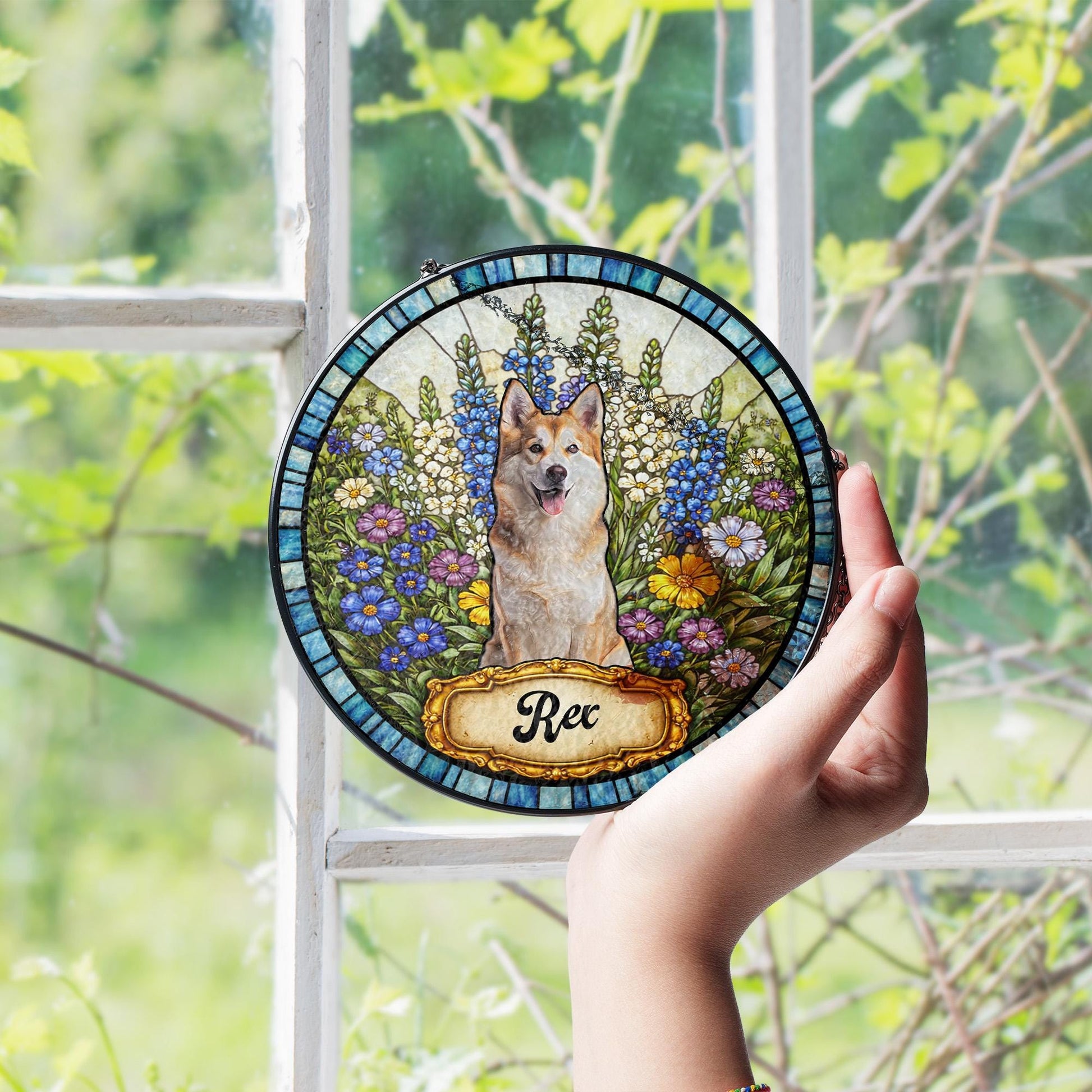 Personalized Dog Portrait Stained Glass Suncatcher, Custom Pet Memorial Stained Glass Photo Suncatcher, Dog Loss Keepsake, Pet Loss Gift
