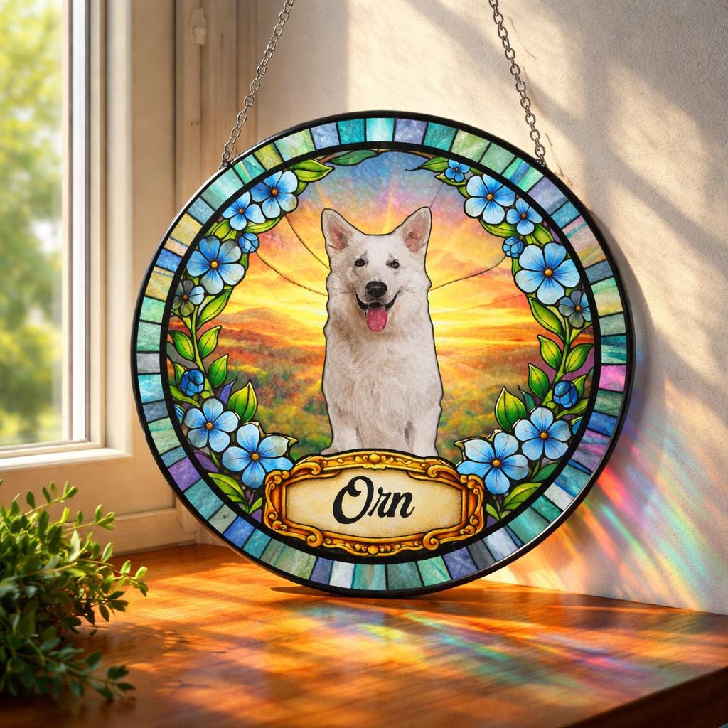 Personalized Dog Portrait Stained Glass Suncatcher, Custom Pet Memorial Stained Glass Photo Suncatcher, Dog Loss Keepsake, Pet Loss Gift