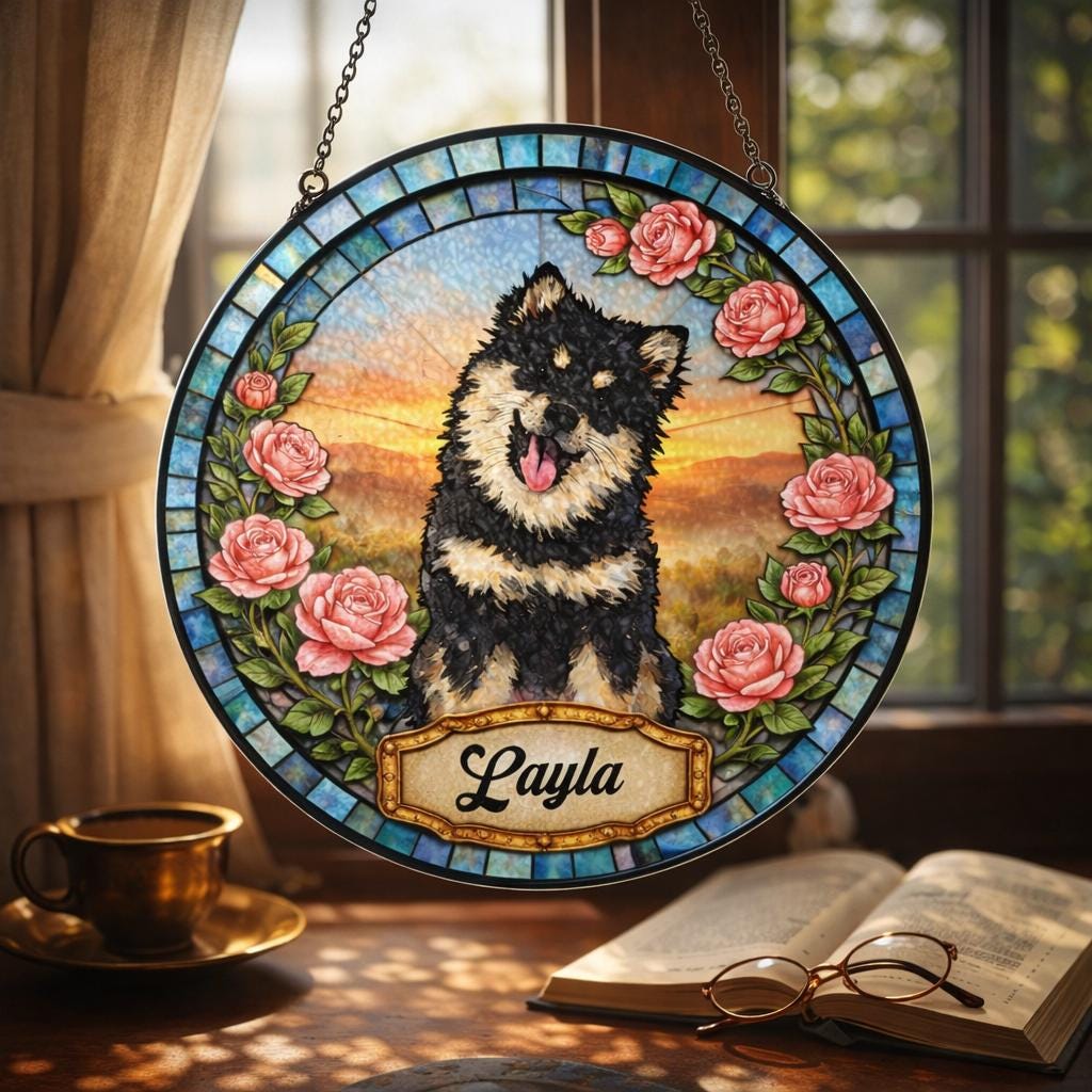 Personalized Dog Portrait Stained Glass Suncatcher, Custom Pet Memorial Stained Glass Photo Suncatcher, Dog Loss Keepsake, Pet Loss Gift