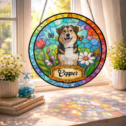 Personalized Dog Portrait Stained Glass Suncatcher, Custom Pet Memorial Stained Glass Photo Suncatcher, Dog Loss Keepsake, Pet Loss Gift