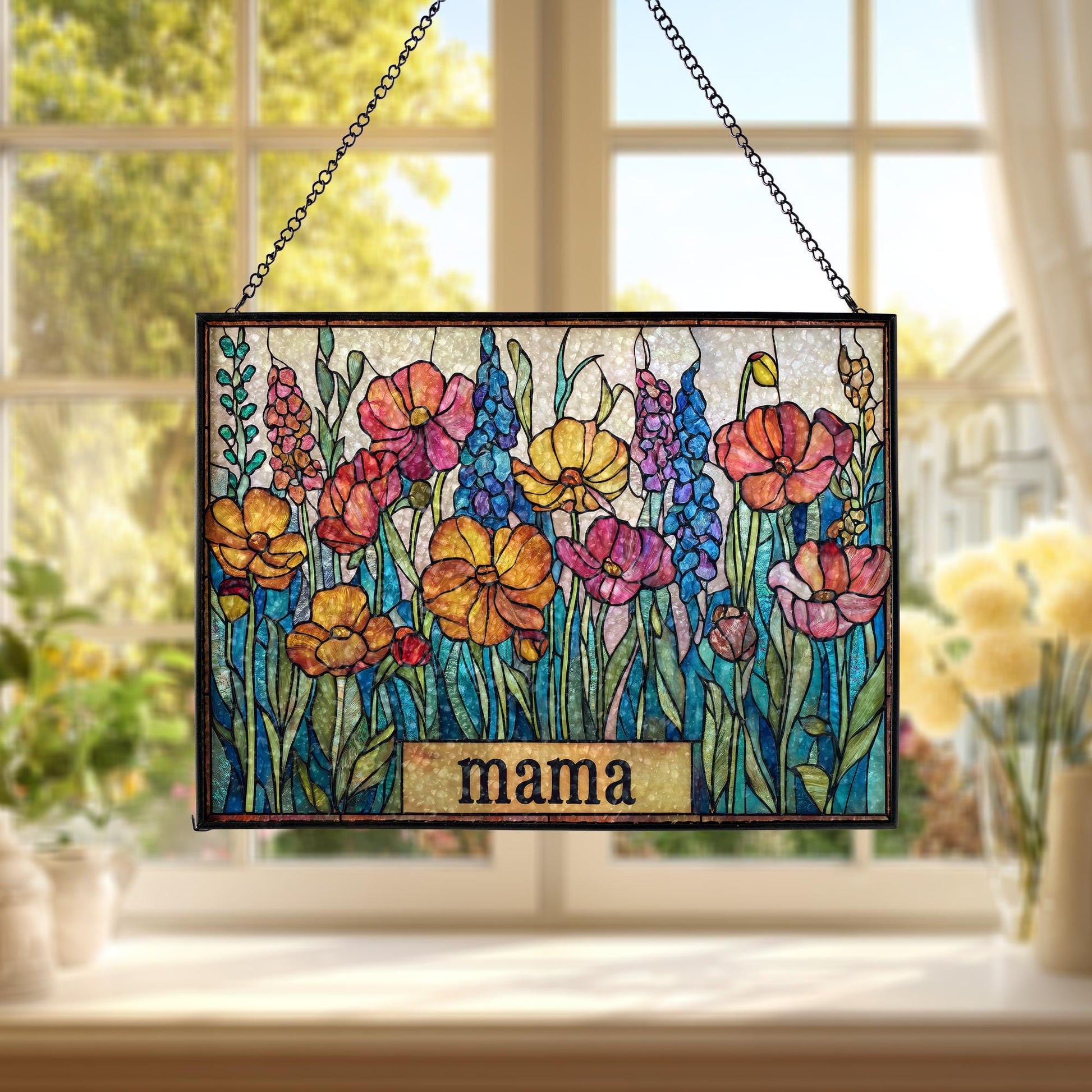 Personalized Mama Garden Suncatcher, Custom Mom Floral Stained Glass Art, Mother’s Day Gift for Mom Grandma, Grandma's Garden Gift