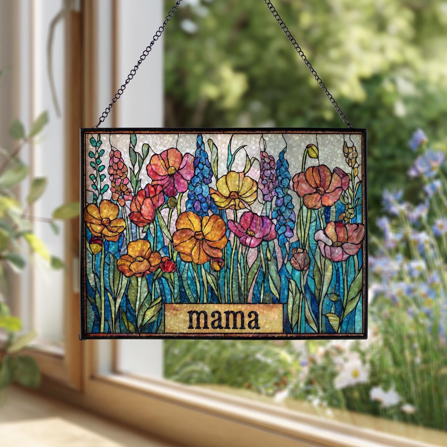 Personalized Mama Garden Suncatcher, Custom Mom Floral Stained Glass Art, Mother’s Day Gift for Mom Grandma, Grandma's Garden Gift