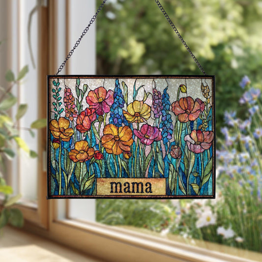 Personalized Mama Garden Suncatcher, Custom Mom Floral Stained Glass Art, Mother’s Day Gift for Mom Grandma, Grandma's Garden Gift