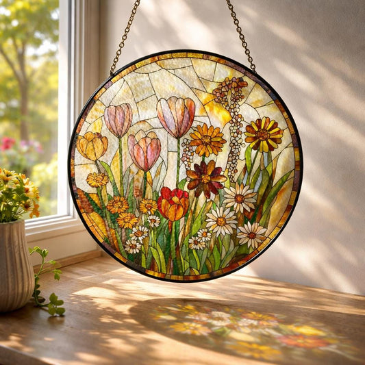 Floral Stained Glass Window Hanging, Wildflower Suncatcher Panel, Handmade Botanical Decor, Spring Flower Glass Art Gift