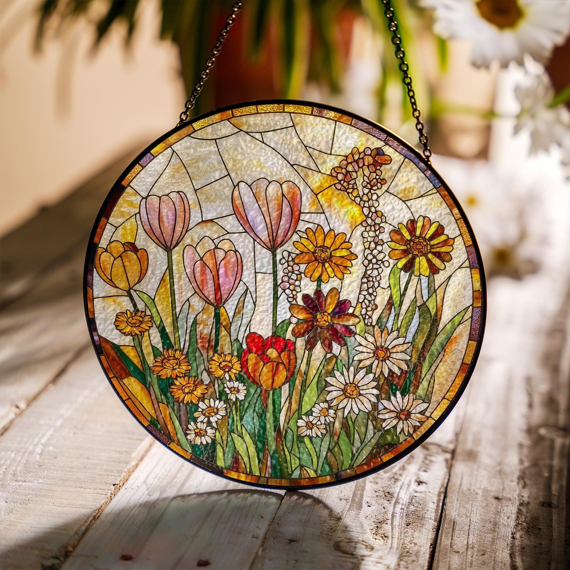 Floral Stained Glass Window Hanging, Wildflower Suncatcher Panel, Handmade Botanical Decor, Spring Flower Glass Art Gift