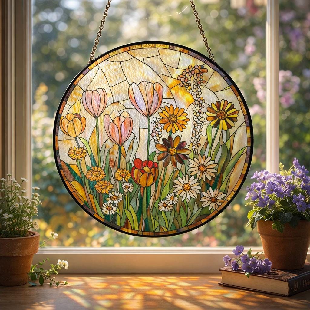 Floral Stained Glass Window Hanging, Wildflower Suncatcher Panel, Handmade Botanical Decor, Spring Flower Glass Art Gift