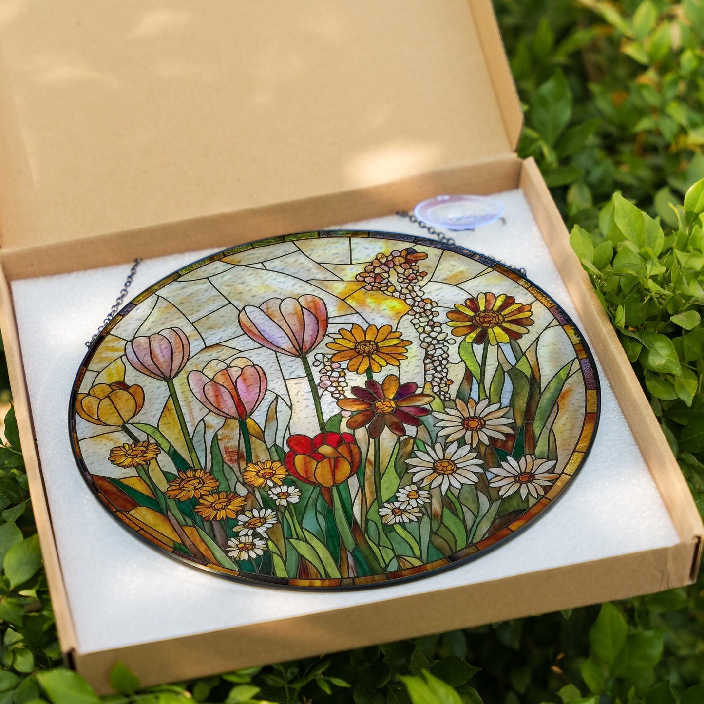 Floral Stained Glass Window Hanging, Wildflower Suncatcher Panel, Handmade Botanical Decor, Spring Flower Glass Art Gift