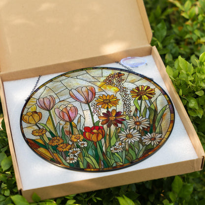 Floral Stained Glass Window Hanging, Wildflower Suncatcher Panel, Handmade Botanical Decor, Spring Flower Glass Art Gift