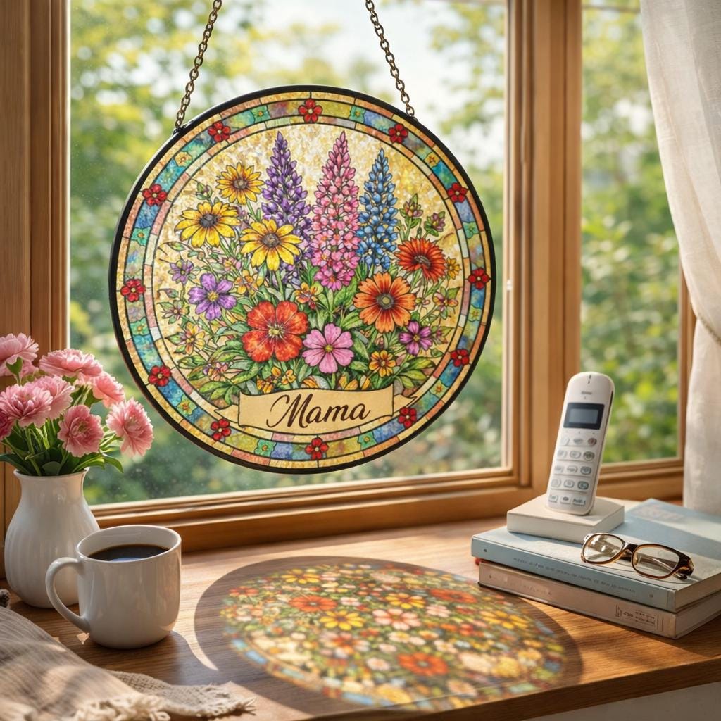 Mama Floral Stained Glass Window Hanging, Personalized Suncatcher Gift for Mom, Wildflower Glass Art, Mothers Day Decor