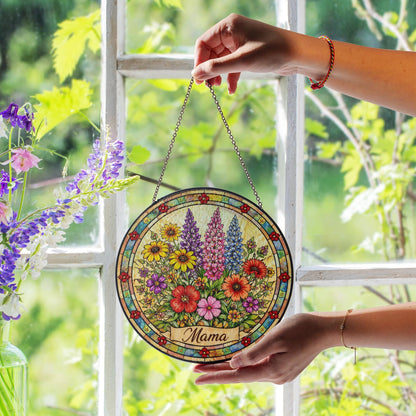Mama Floral Stained Glass Window Hanging, Personalized Suncatcher Gift for Mom, Wildflower Glass Art, Mothers Day Decor