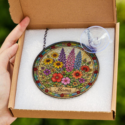 Mama Floral Stained Glass Window Hanging, Personalized Suncatcher Gift for Mom, Wildflower Glass Art, Mothers Day Decor