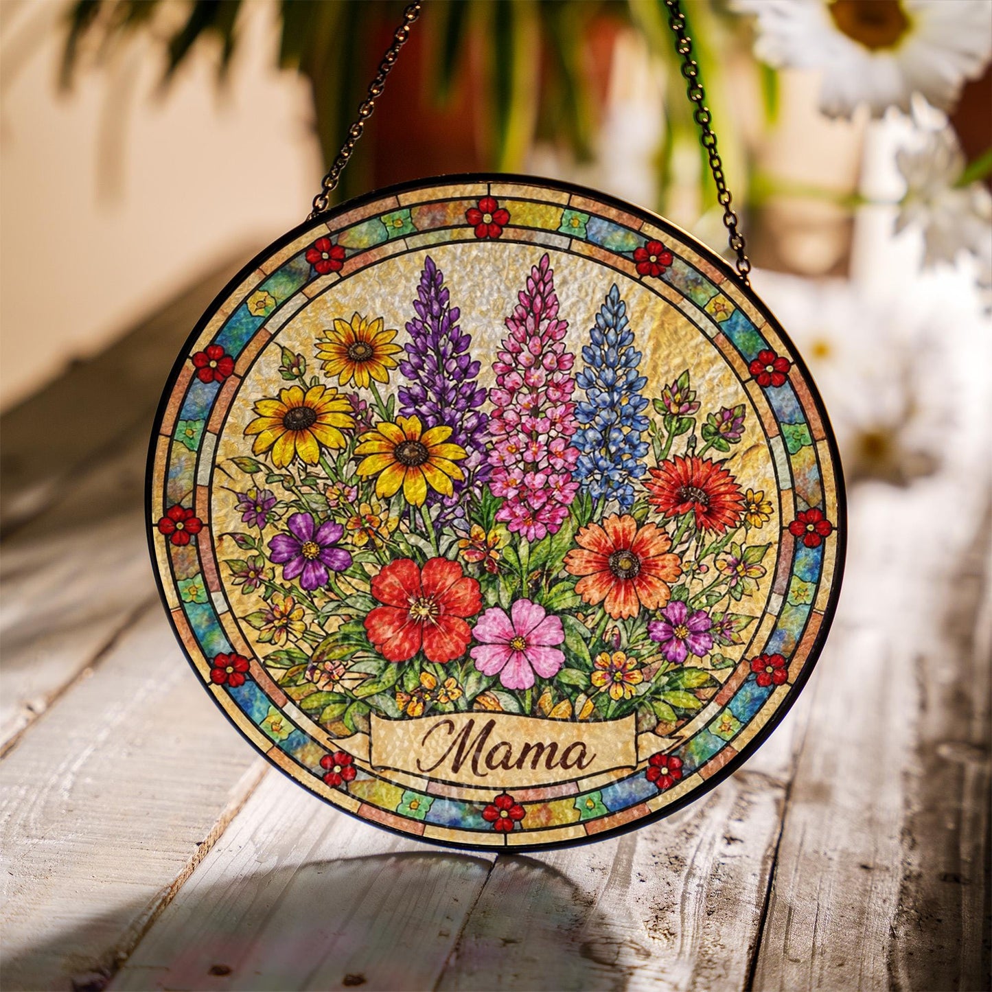 Mama Floral Stained Glass Window Hanging, Personalized Suncatcher Gift for Mom, Wildflower Glass Art, Mothers Day Decor