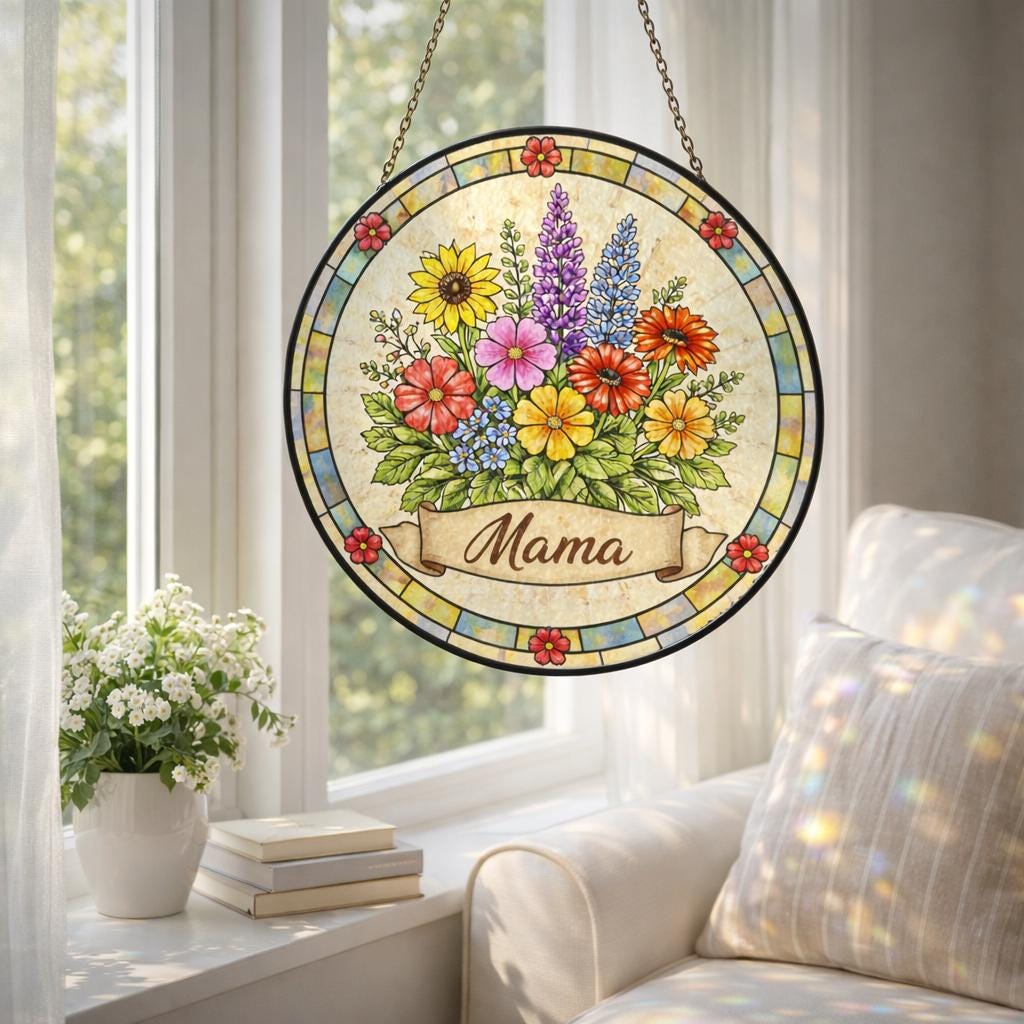 Mama Stained Glass Window , Floral Window Hanging Gift for Mom, Colorful Wildflower Glass Panel, Mothers Day Home Decor