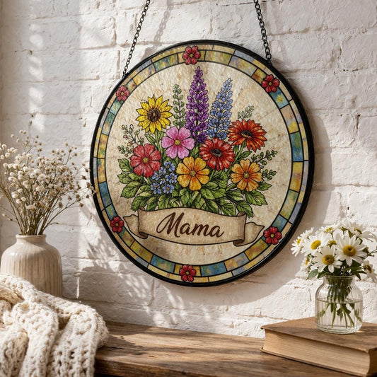 Mama Stained Glass Window , Floral Window Hanging Gift for Mom, Colorful Wildflower Glass Panel, Mothers Day Home Decor