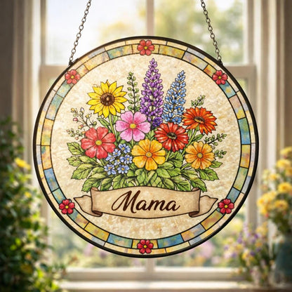Mama Stained Glass Window , Floral Window Hanging Gift for Mom, Colorful Wildflower Glass Panel, Mothers Day Home Decor