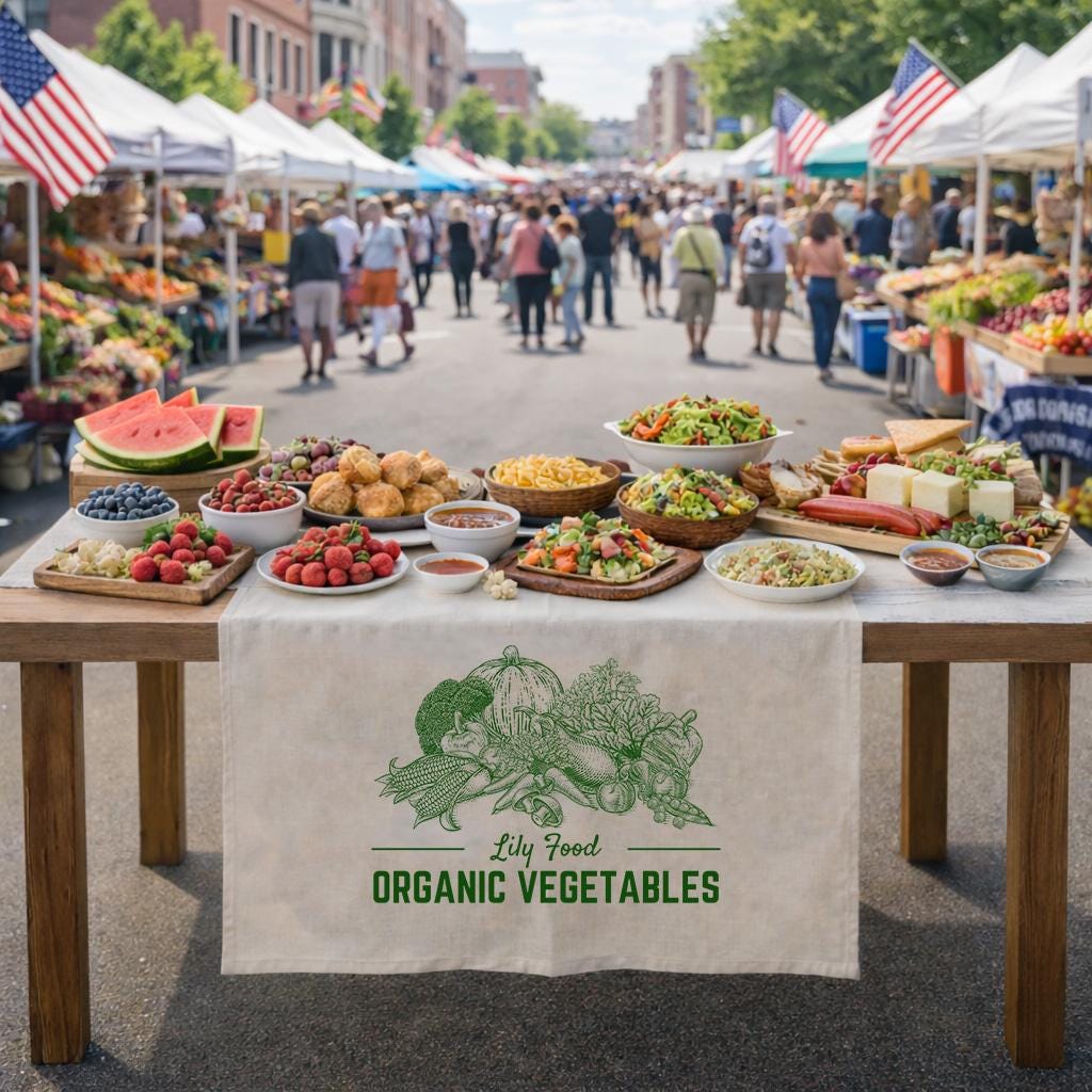Custom Table Runner with Logo, Farmers Market Table Cover, Organic Food Stall Decor, Personalized Linen Table Runner for Business