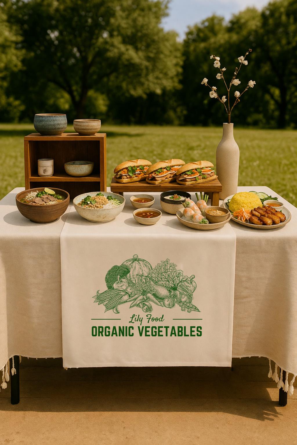Custom Table Runner with Logo, Farmers Market Table Cover, Organic Food Stall Decor, Personalized Linen Table Runner for Business
