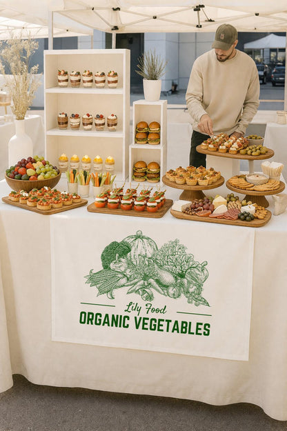 Custom Table Runner with Logo, Farmers Market Table Cover, Organic Food Stall Decor, Personalized Linen Table Runner for Business