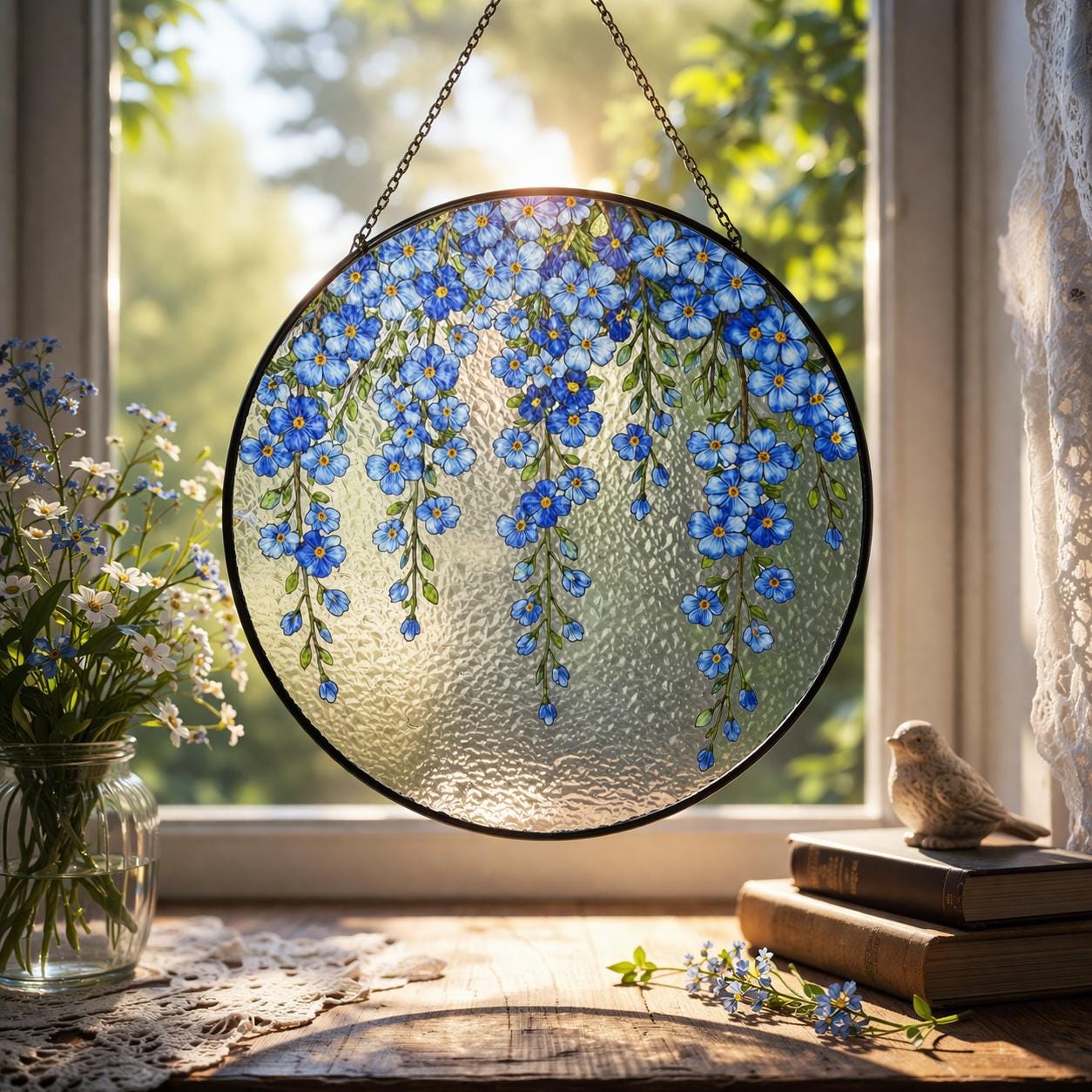 Blue Flower Window Glass Decor, Forget Me Not Floral Panel, Botanical Hanging Ornament, Spring Home Decor Gift
