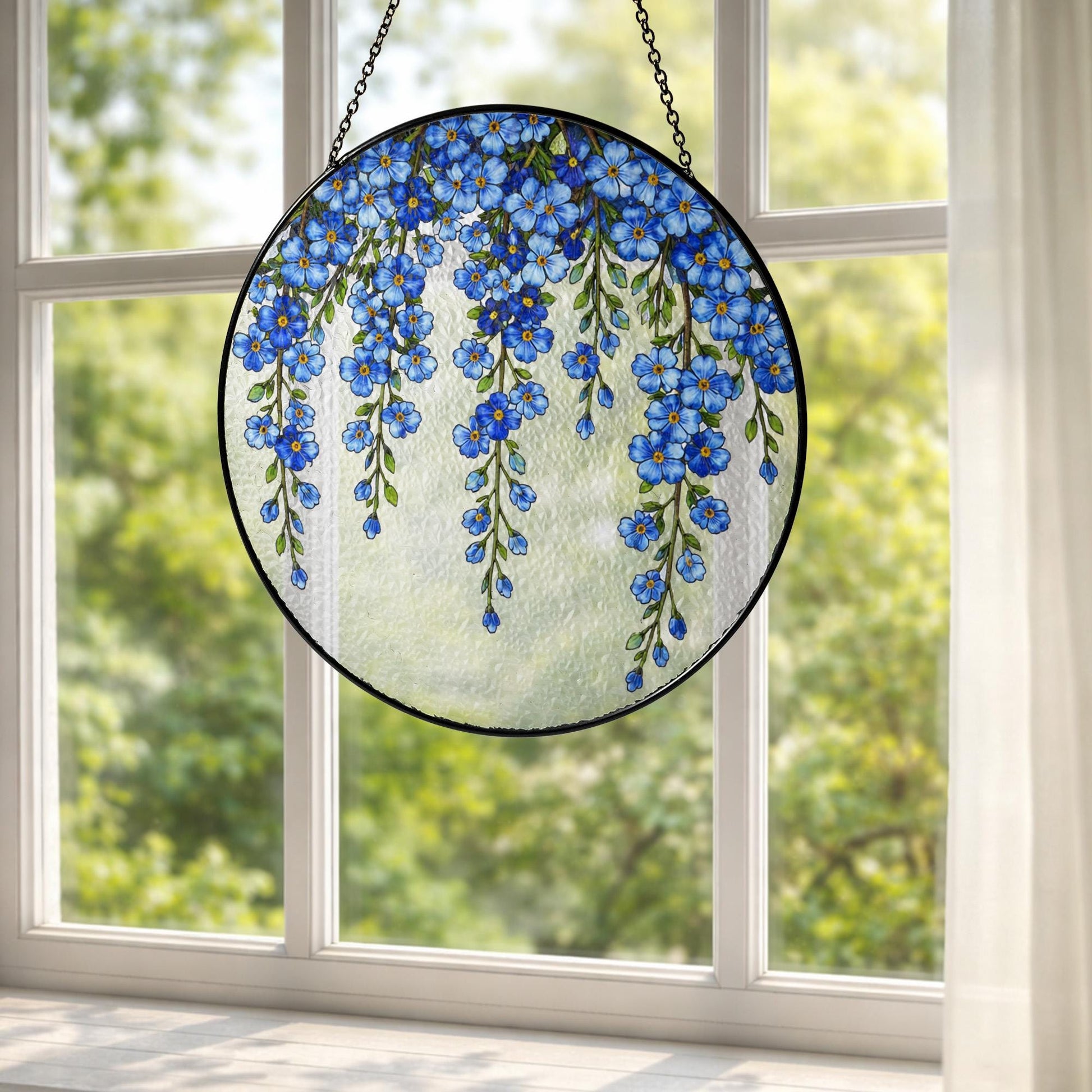 Blue Flower Window Glass Decor, Forget Me Not Floral Panel, Botanical Hanging Ornament, Spring Home Decor Gift
