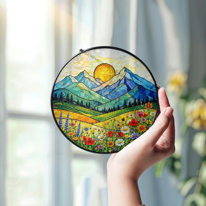 Mountain Landscape Glass Window Hanging, Sunrise Nature Panel Decor, Wildflower Scenic Hanging Ornament, Cabin Home Decor Gift