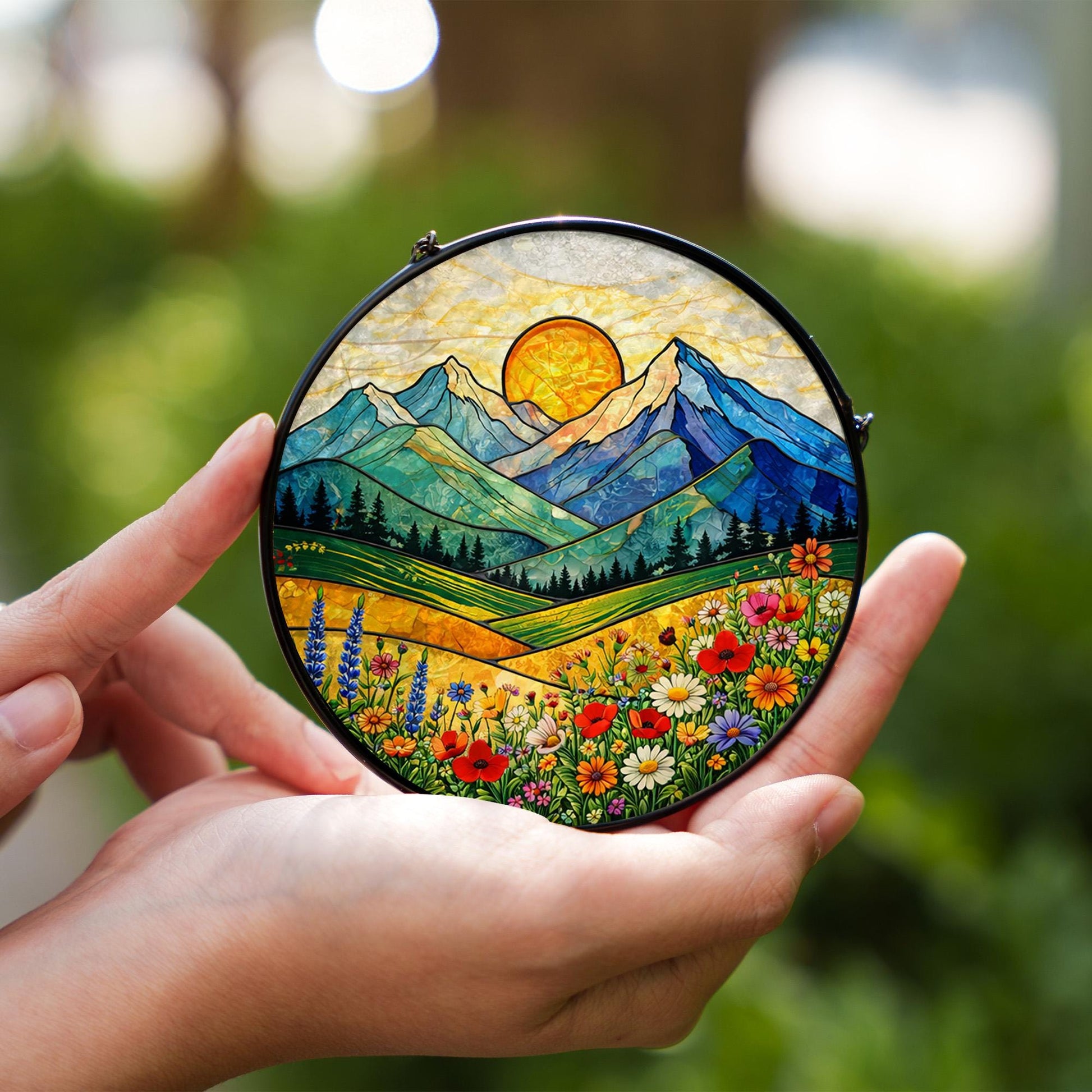 Mountain Landscape Glass Window Hanging, Sunrise Nature Panel Decor, Wildflower Scenic Hanging Ornament, Cabin Home Decor Gift