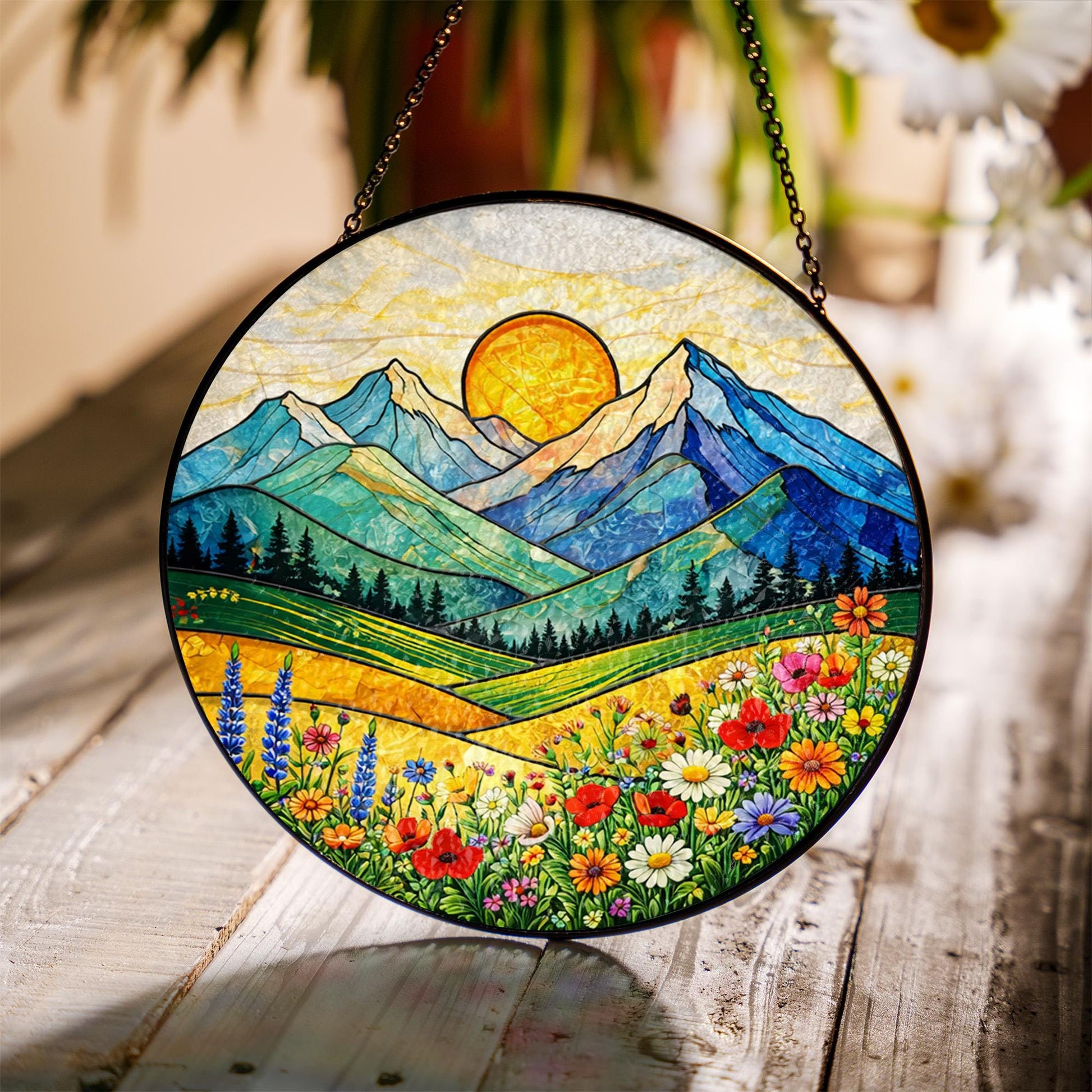 Mountain Landscape Glass Window Hanging, Sunrise Nature Panel Decor, Wildflower Scenic Hanging Ornament, Cabin Home Decor Gift