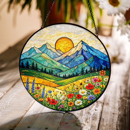 Mountain Landscape Glass Window Hanging, Sunrise Nature Panel Decor, Wildflower Scenic Hanging Ornament, Cabin Home Decor Gift